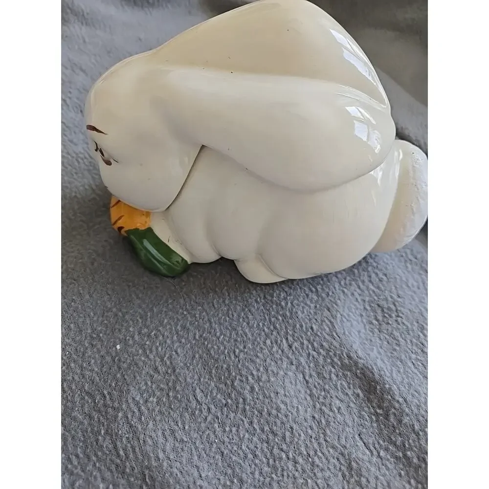 Vintage White Bunny Rabbit Eating a Carrot Figurine-1968-Hand Crafted-Signed